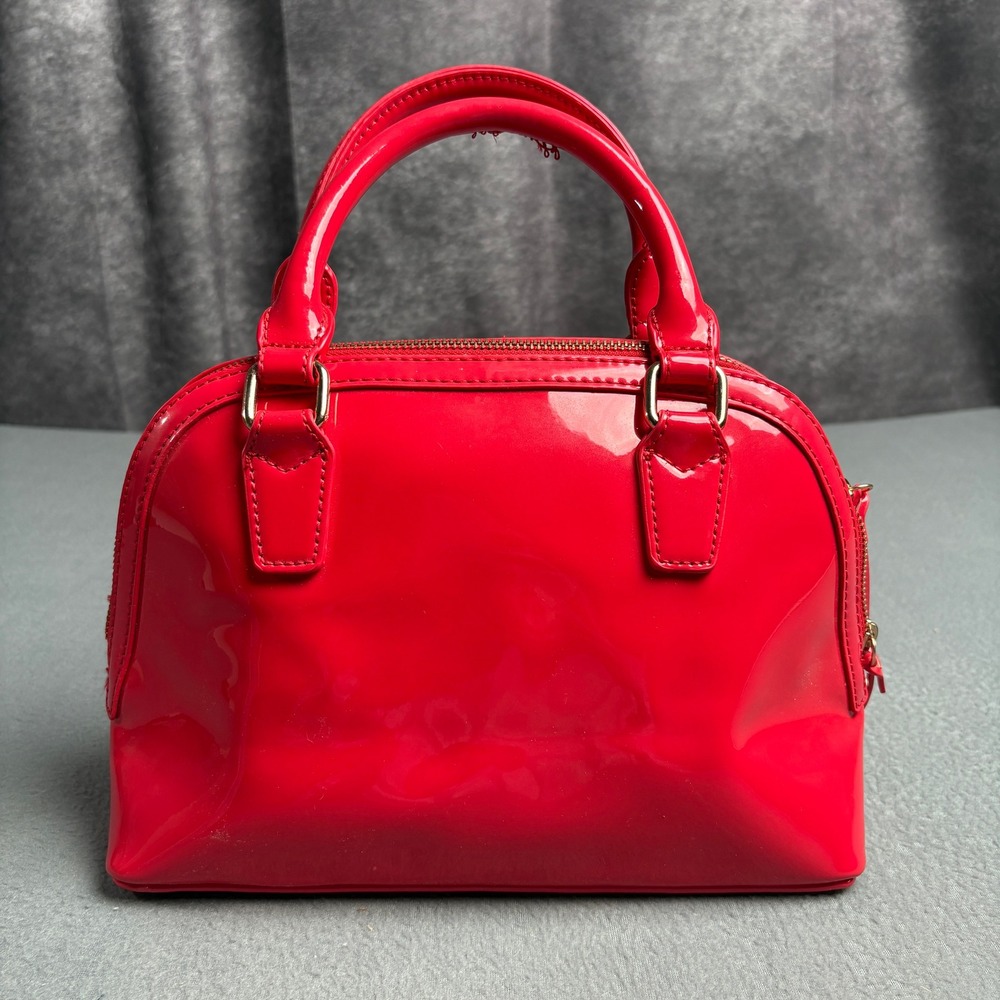 BCBG Red Patent Faux Leather Dome Satchel Bag Gold Tone Hardware Small Handbag